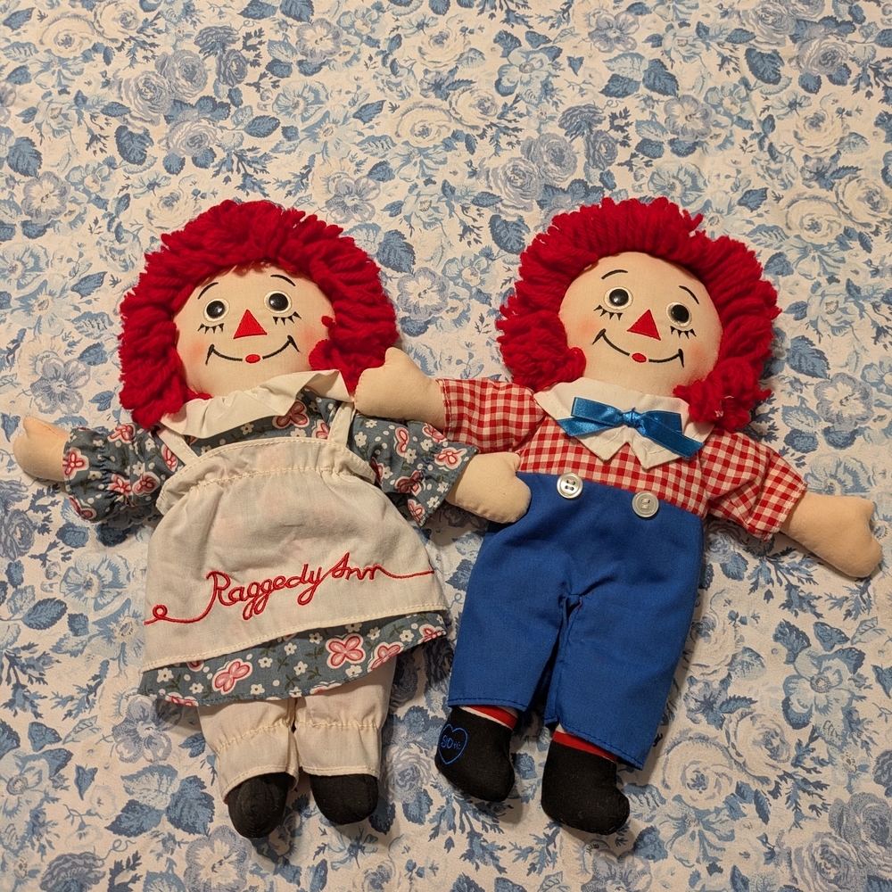 Raggedy Ann & Andy Plush Doll Set - Red Hair, Blue & White Outfits